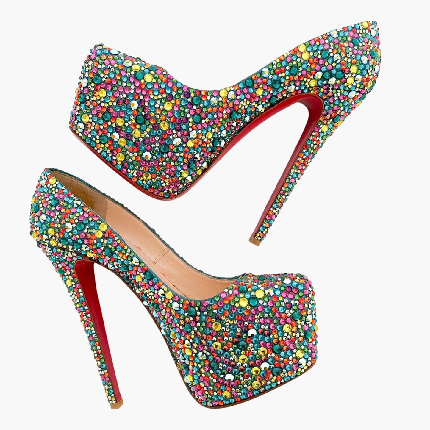 Christian Louboutin Daffodile 160 Pumps in Multicolor Crystal-Embellished Teal Suede Size 39.5