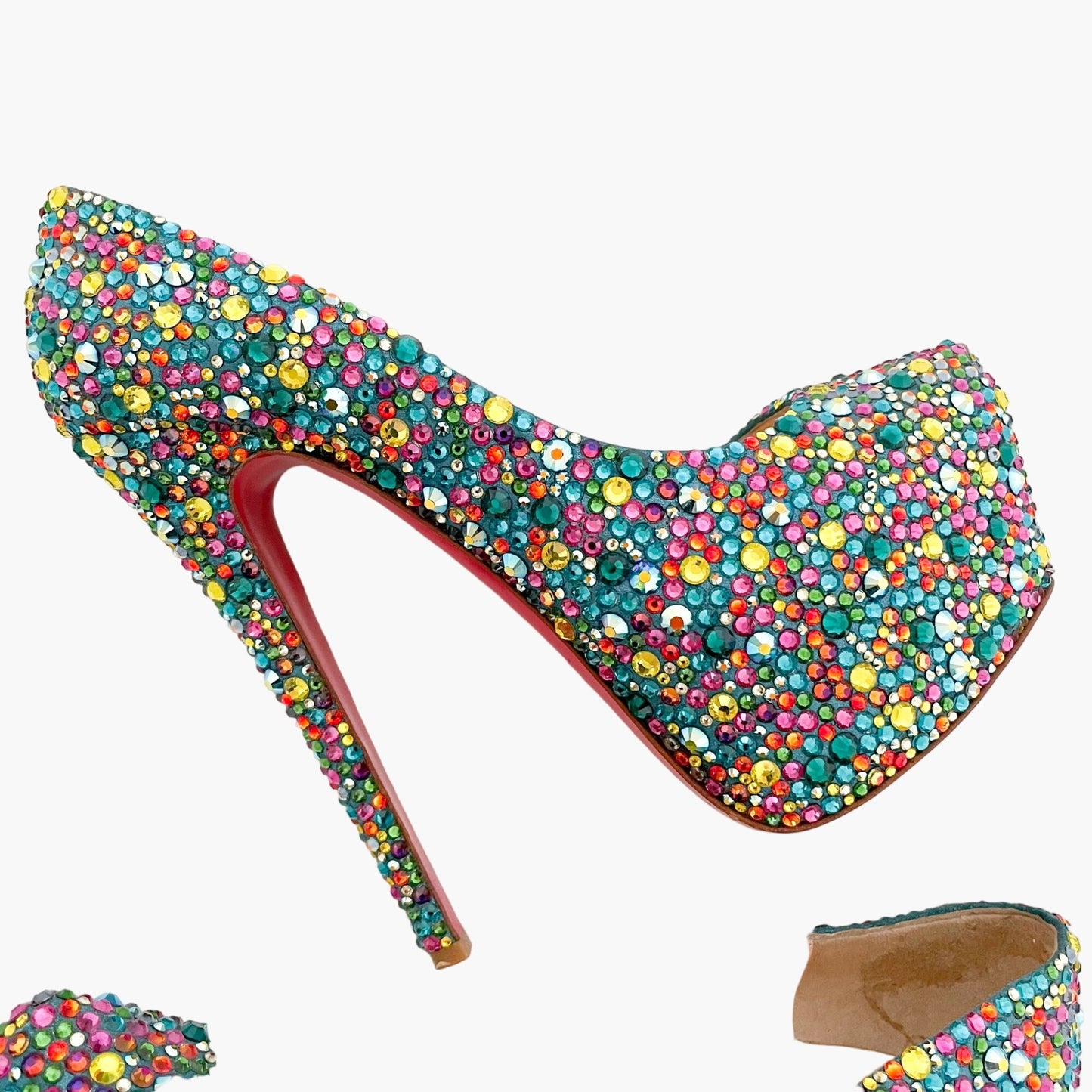 Christian Louboutin Daffodile 160 Pumps in Multicolor Crystal-Embellished Teal Suede Size 39.5