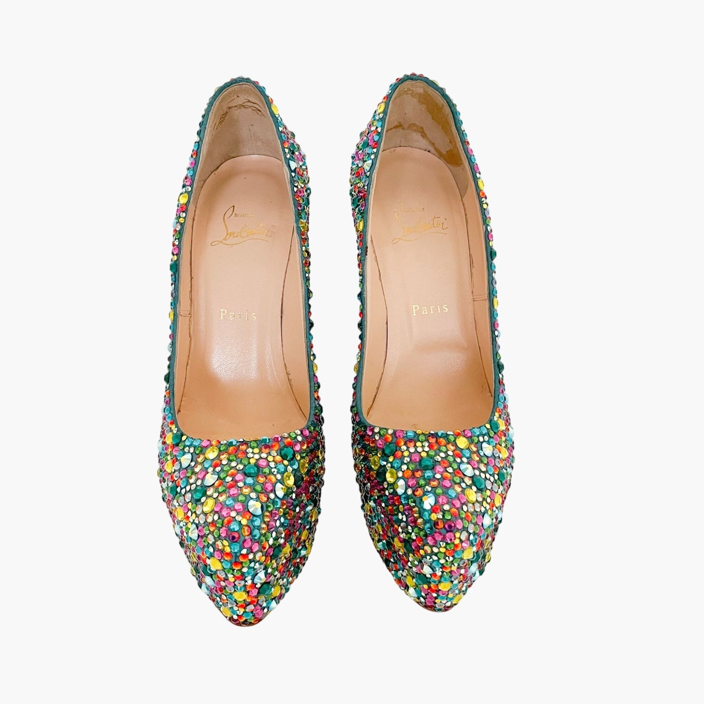 Christian Louboutin Daffodile 160 Pumps in Multicolor Crystal-Embellished Teal Suede Size 39.5