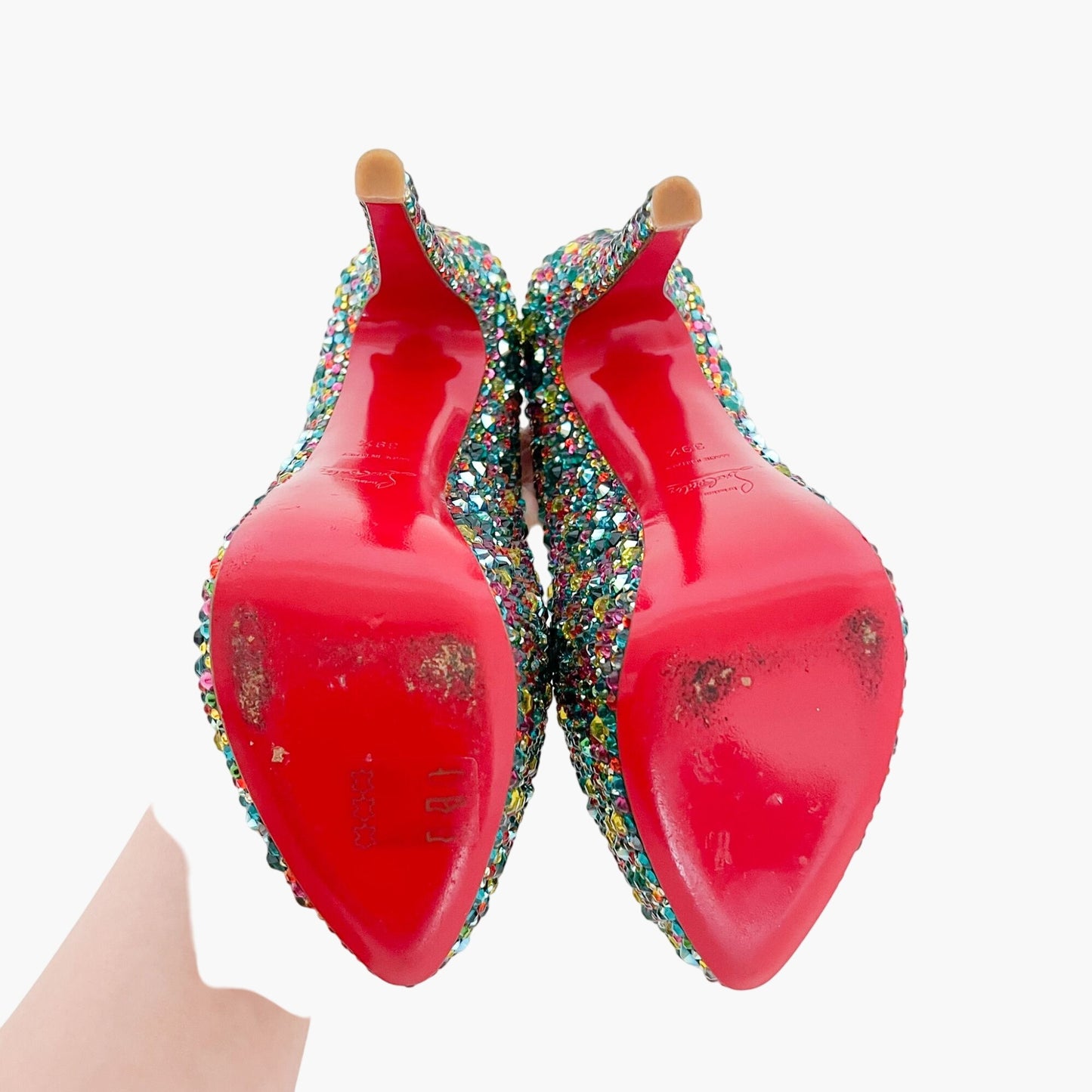 Christian Louboutin Daffodile 160 Pumps in Multicolor Crystal-Embellished Teal Suede Size 39.5