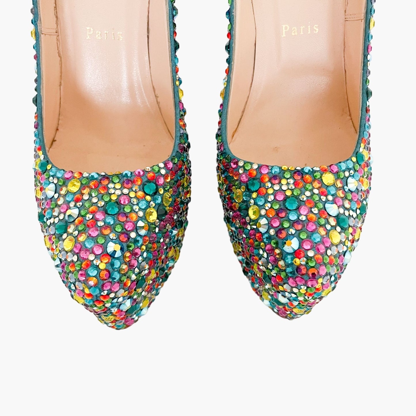 Christian Louboutin Daffodile 160 Pumps in Multicolor Crystal-Embellished Teal Suede Size 39.5