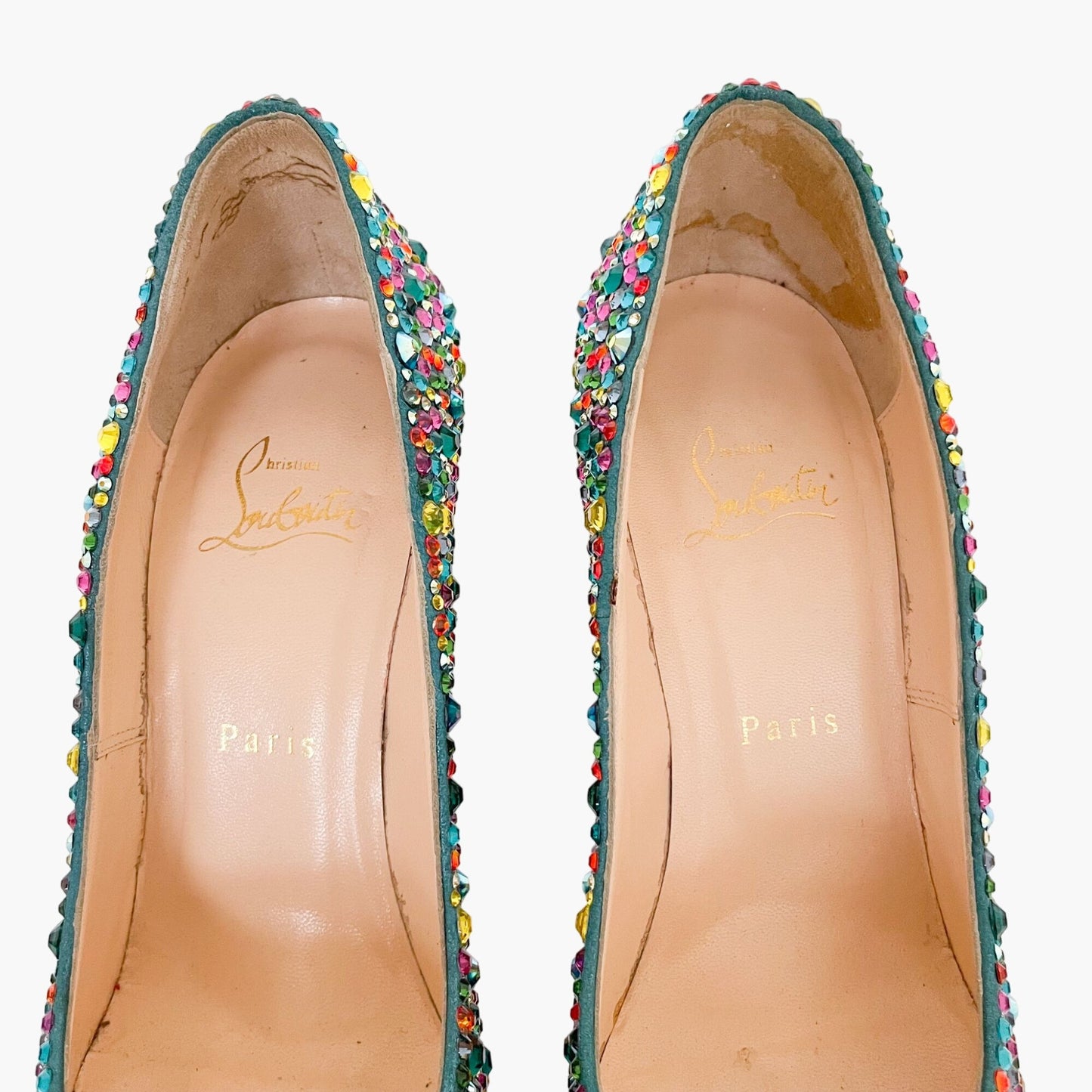Christian Louboutin Daffodile 160 Pumps in Multicolor Crystal-Embellished Teal Suede Size 39.5
