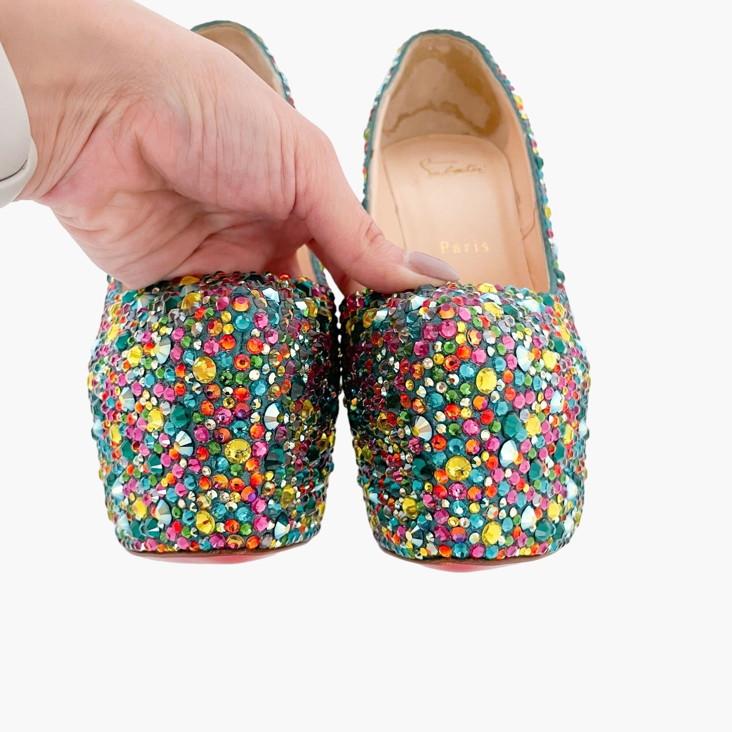Christian Louboutin Daffodile 160 Pumps in Multicolor Crystal-Embellished Teal Suede Size 39.5