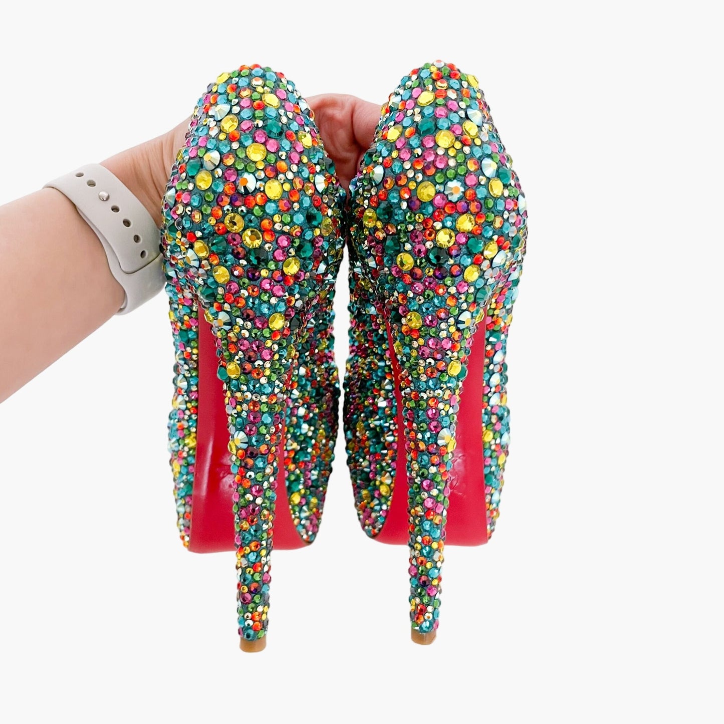 Christian Louboutin Daffodile 160 Pumps in Multicolor Crystal-Embellished Teal Suede Size 39.5