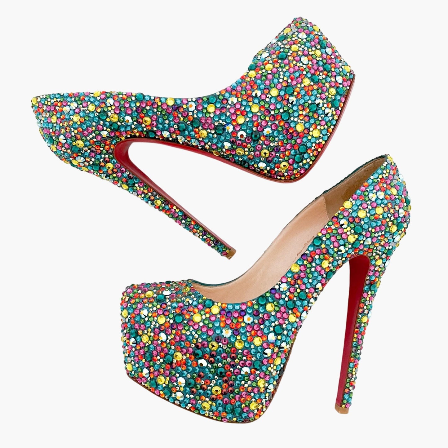 Christian Louboutin Daffodile 160 Pumps in Multicolor Crystal-Embellished Teal Suede Size 39.5