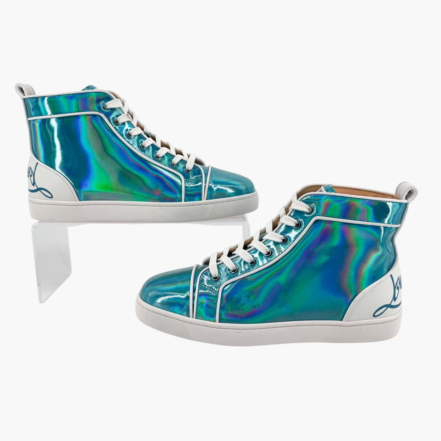 Christian Louboutin Louis Orlato High Top Sneakers in Metallic Blue Leather Size 40