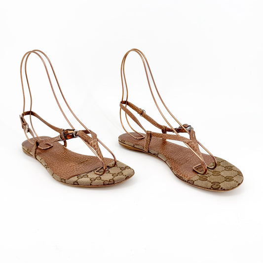 Gucci Bamboo Thong Flat Sandals in Beige GG Monogram Canvas & Brown Leather Size 36