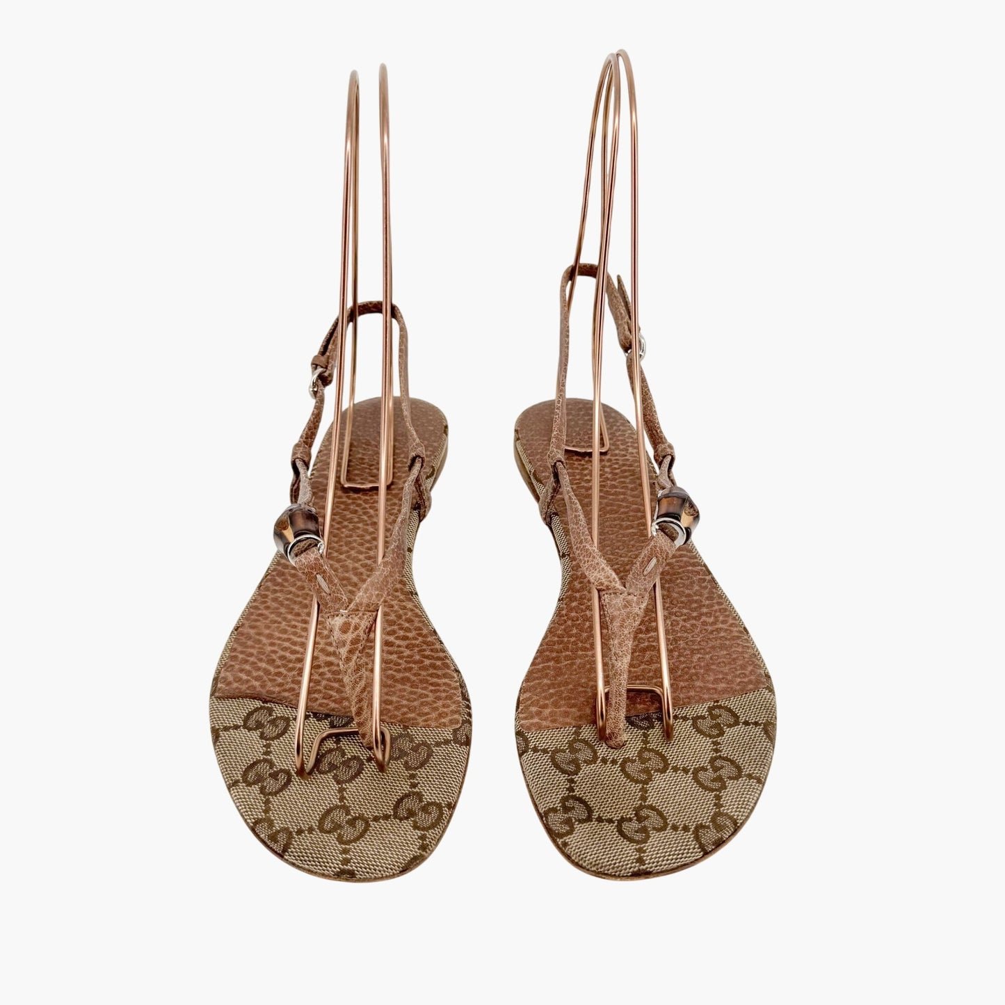 Gucci Bamboo Thong Flat Sandals in Beige GG Monogram Canvas & Brown Leather Size 36