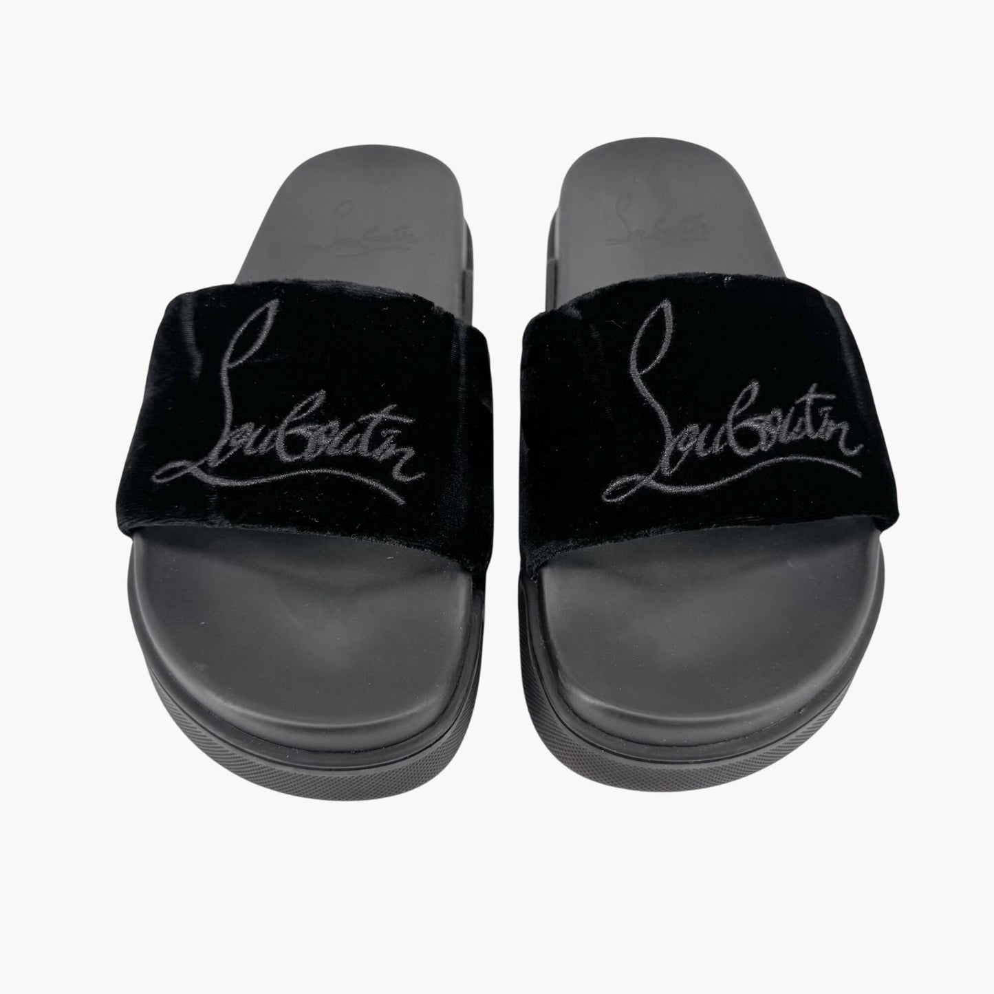 Christian Louboutin "Navy Pool" Logo Embroidered Slide Sandals in Black Velvet Size 37