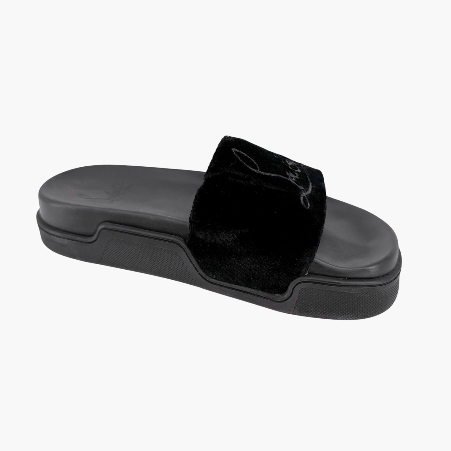 Christian Louboutin "Navy Pool" Logo Embroidered Slide Sandals in Black Velvet Size 37