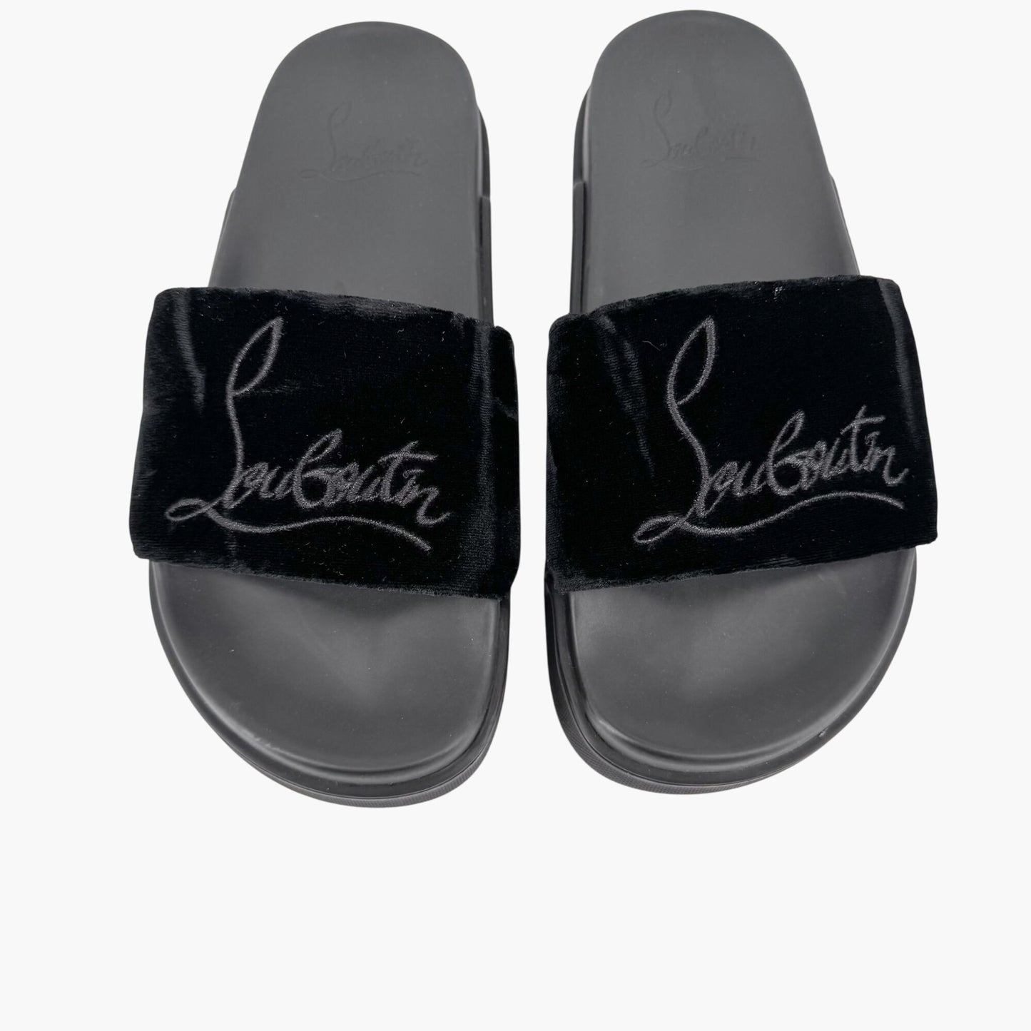 Christian Louboutin "Navy Pool" Logo Embroidered Slide Sandals in Black Velvet Size 37