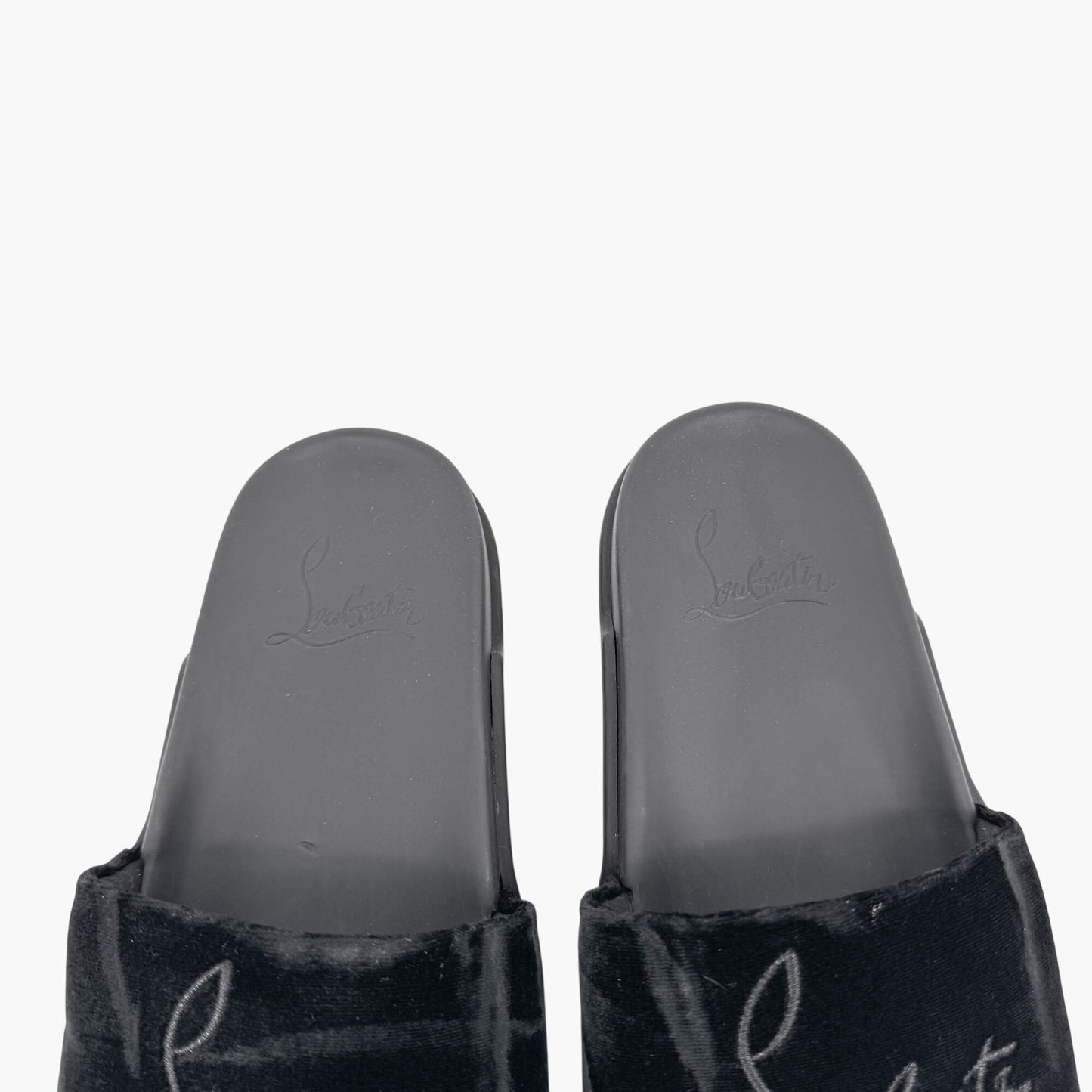 Christian Louboutin "Navy Pool" Logo Embroidered Slide Sandals in Black Velvet Size 37