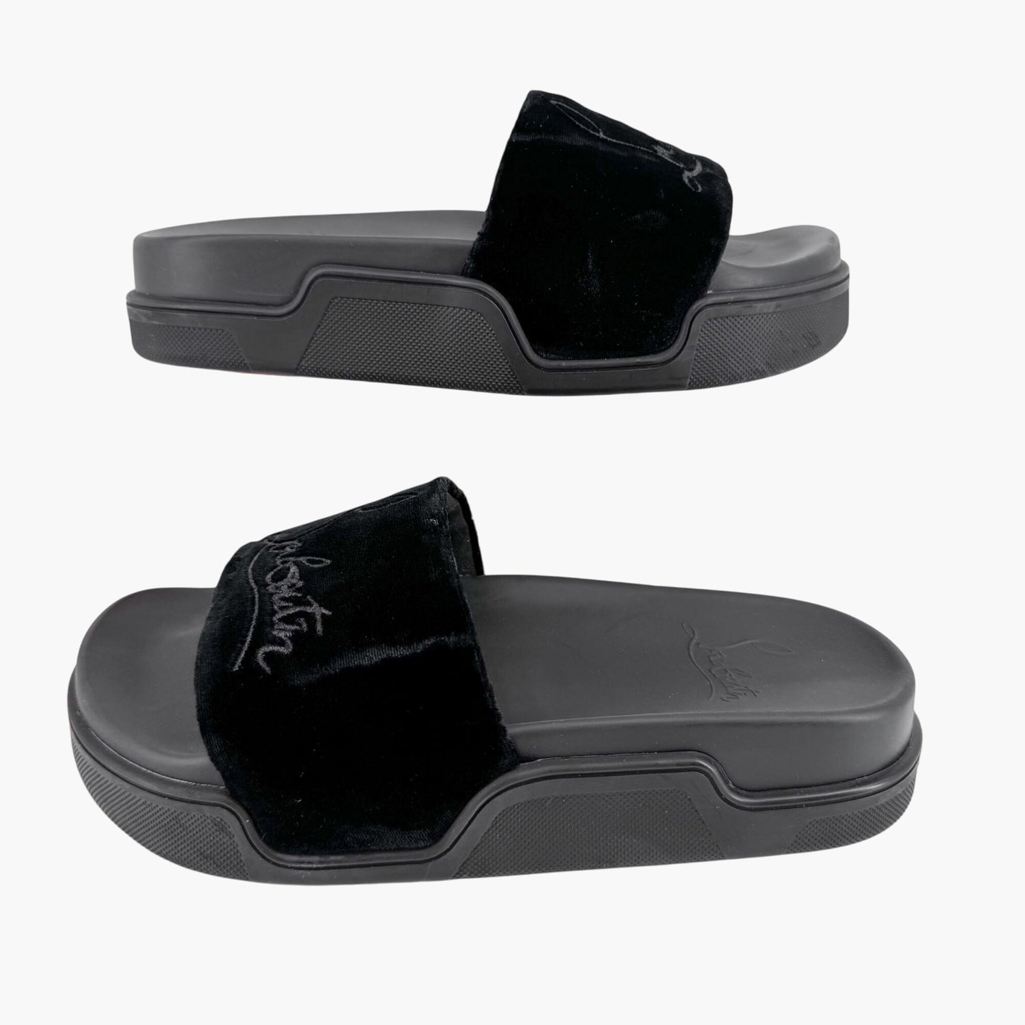 Christian Louboutin "Navy Pool" Logo Embroidered Slide Sandals in Black Velvet Size 37