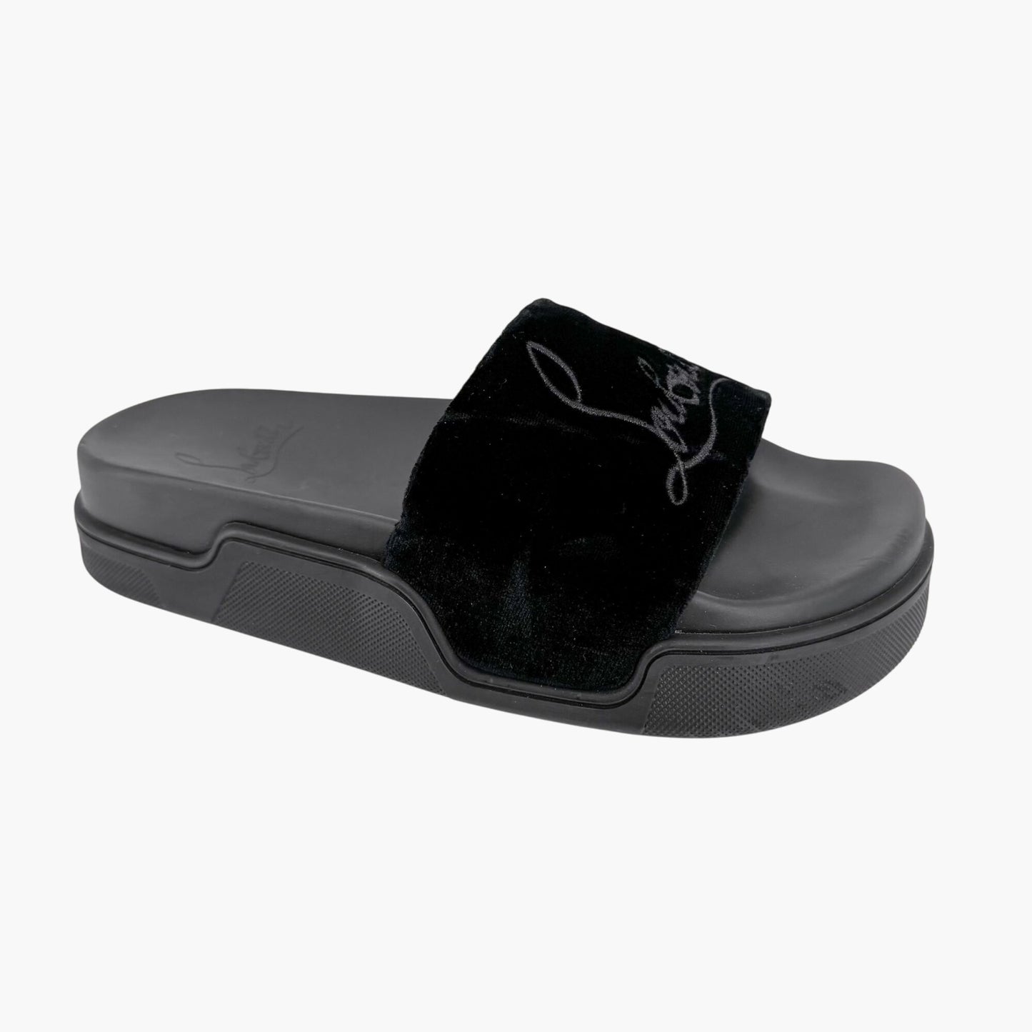 Christian Louboutin "Navy Pool" Logo Embroidered Slide Sandals in Black Velvet Size 37