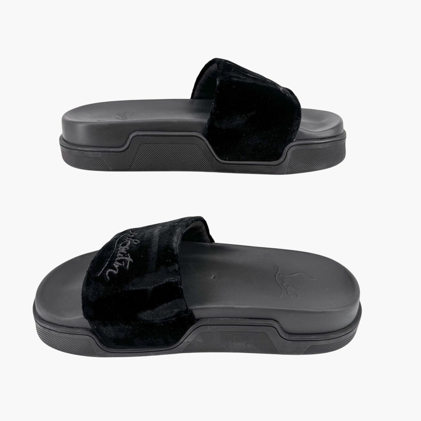 Christian Louboutin "Navy Pool" Logo Embroidered Slide Sandals in Black Velvet Size 37