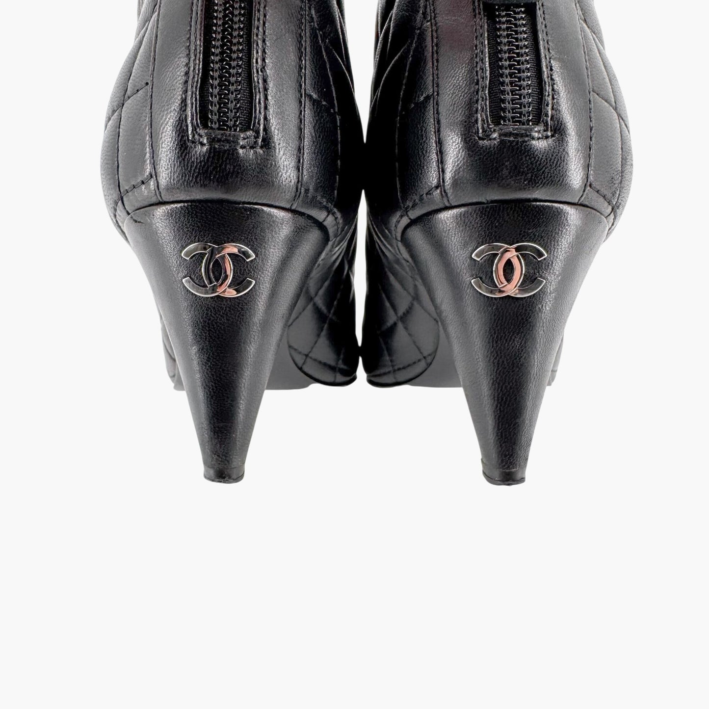 Chanel Cap Toe CC Ankle Booties in Black Quilted Leather Size 38