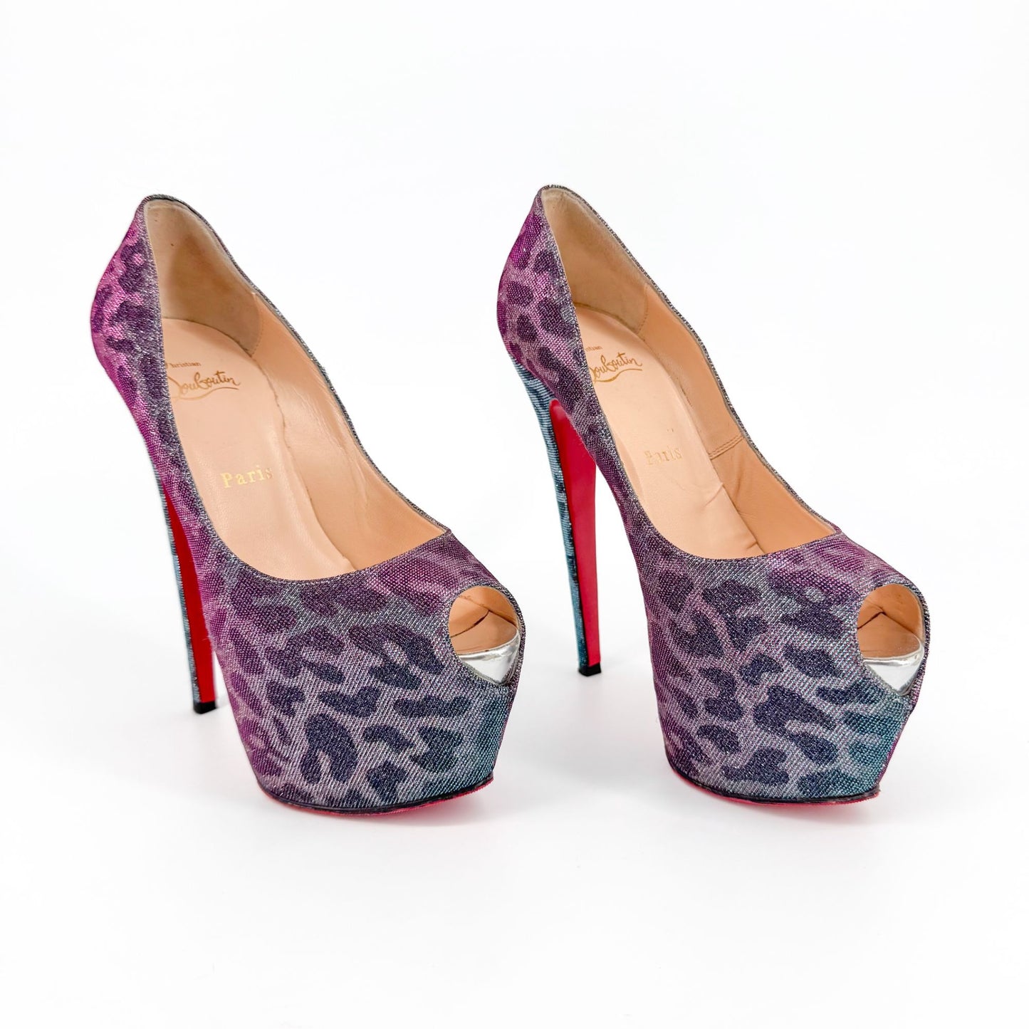 Christian Louboutin Highness 160 Platform Pumps in Blue & Purple Metallic Leopard Lame Size 38.5