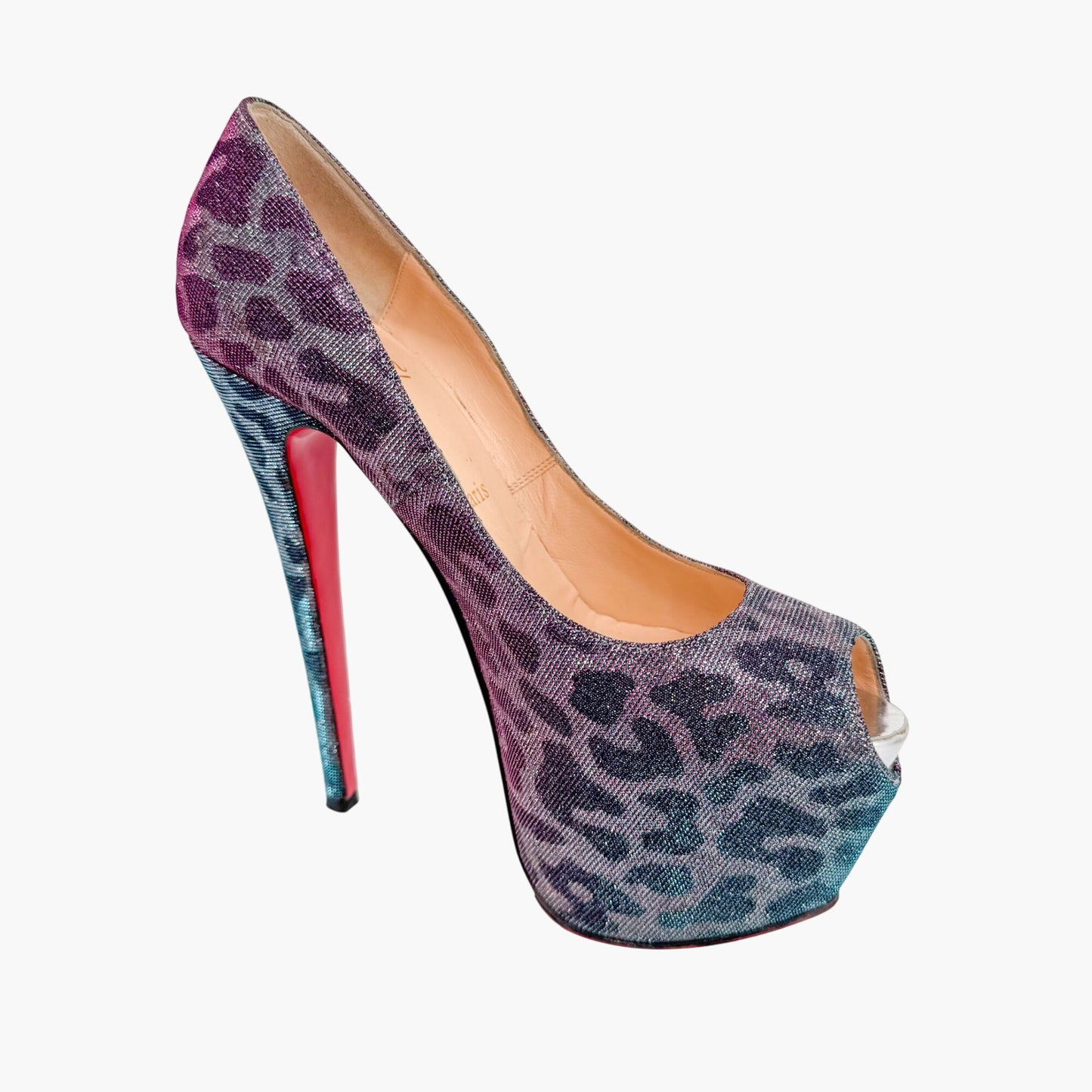 Christian Louboutin Highness 160 Platform Pumps in Blue & Purple Metallic Leopard Lame Size 38.5