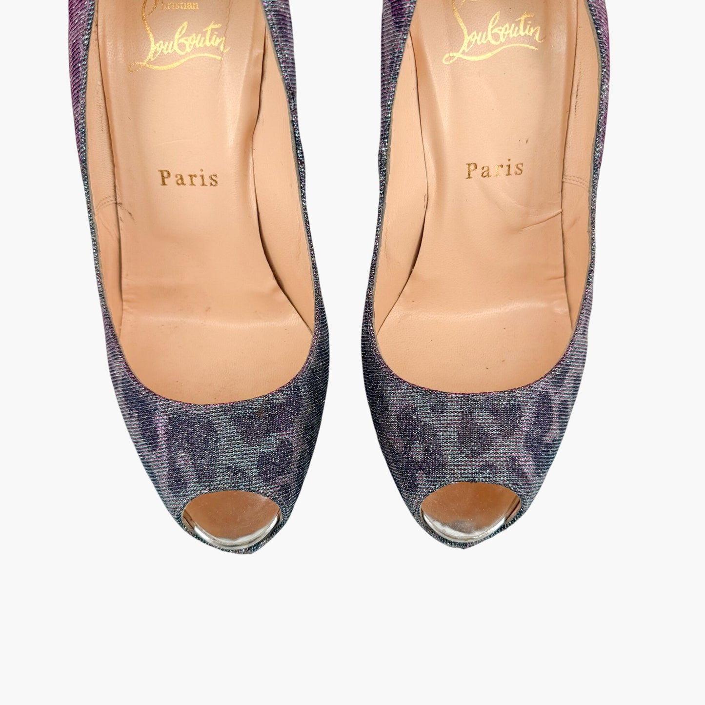 Christian Louboutin Highness 160 Platform Pumps in Blue & Purple Metallic Leopard Lame Size 38.5