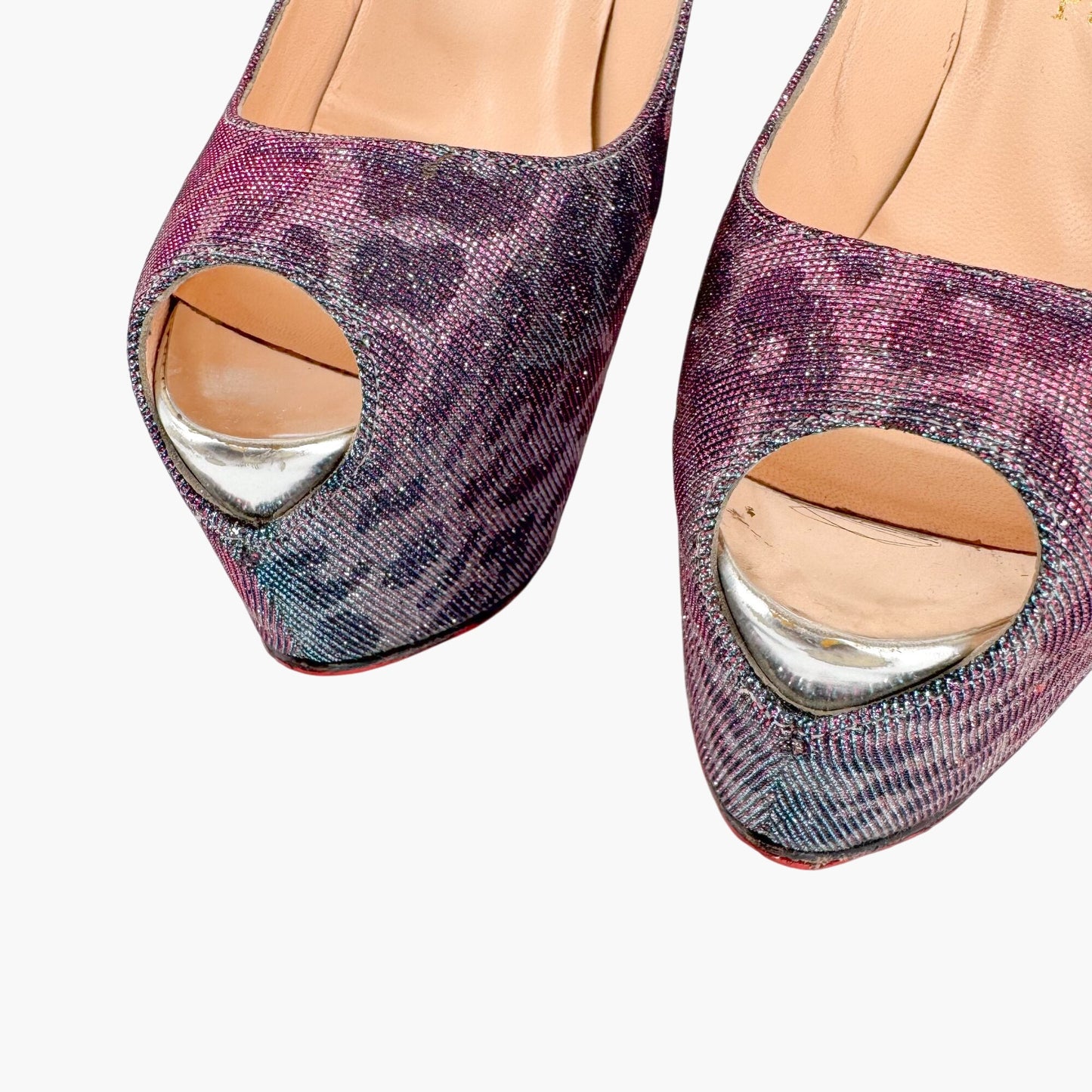 Christian Louboutin Highness 160 Platform Pumps in Blue & Purple Metallic Leopard Lame Size 38.5