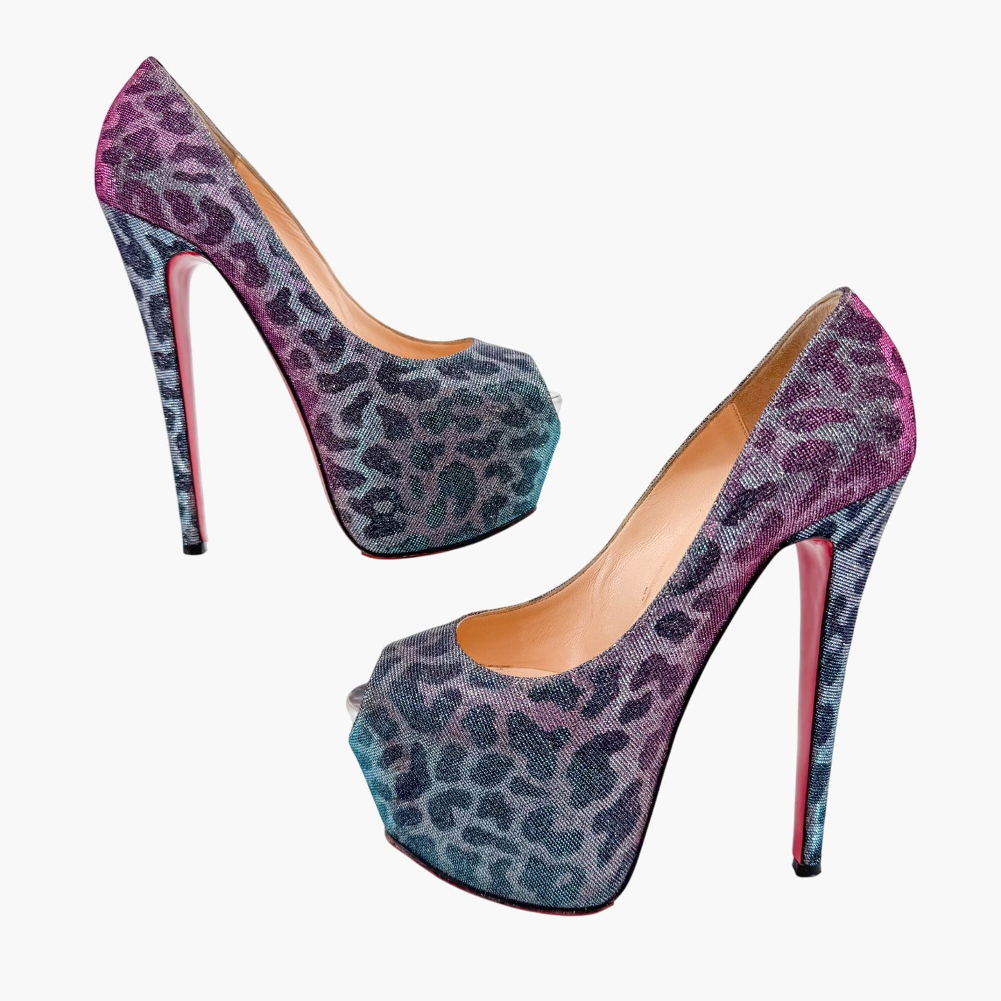 Christian Louboutin Highness 160 Platform Pumps in Blue & Purple Metallic Leopard Lame Size 38.5