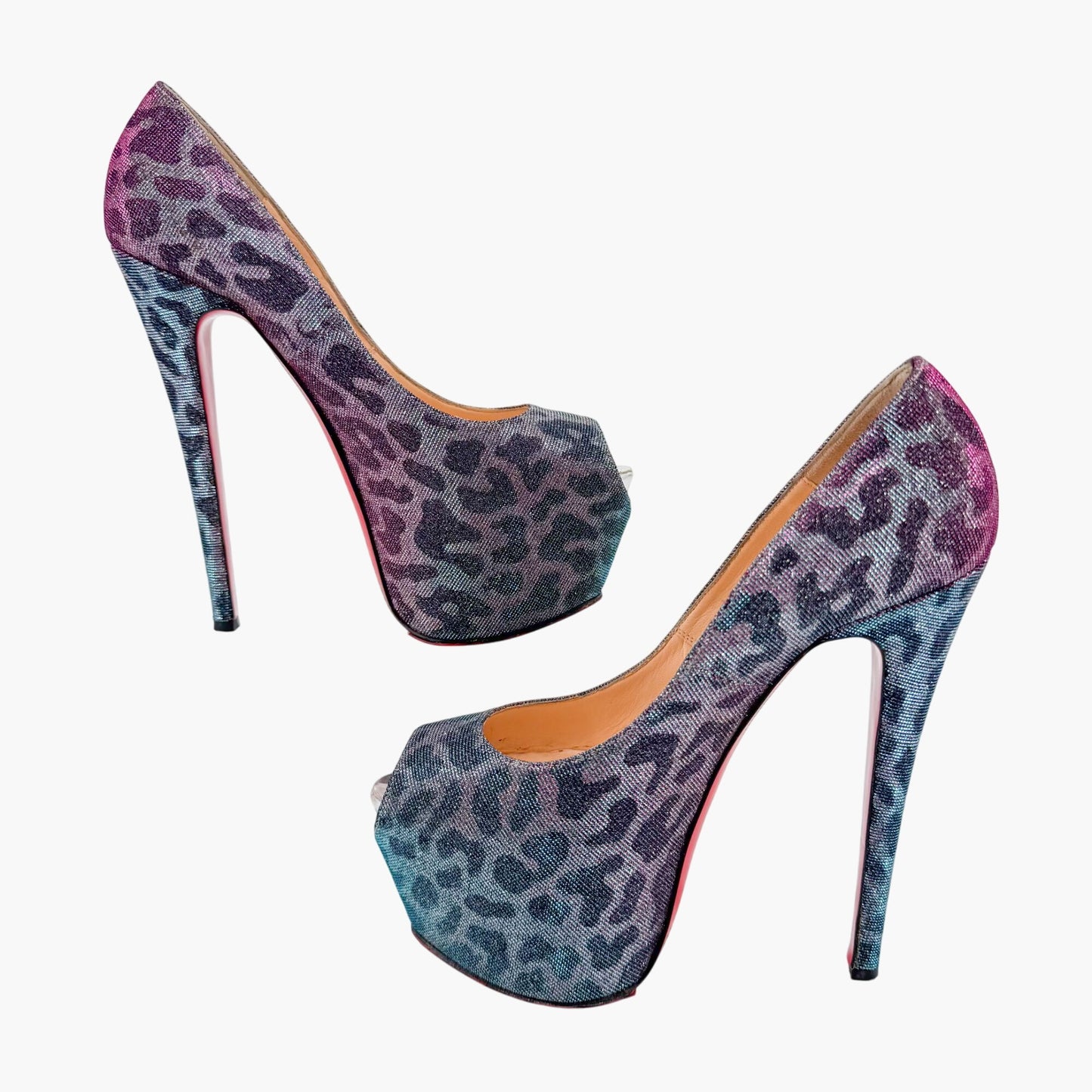 Christian Louboutin Highness 160 Platform Pumps in Blue & Purple Metallic Leopard Lame Size 38.5