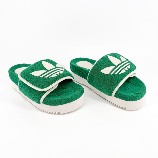 Gucci x Adidas Platform Slide Sandals in Green GG Terry Cloth Fabric Size 37