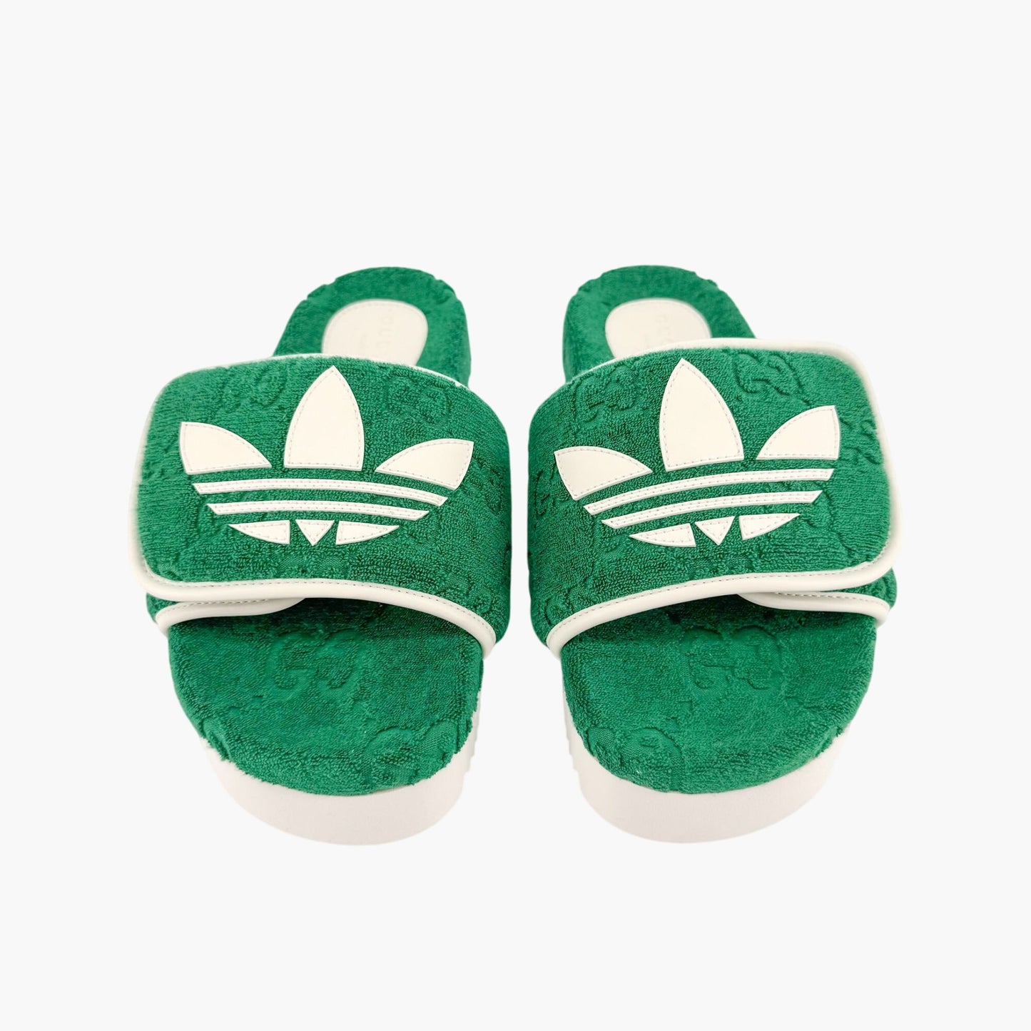 Gucci x Adidas Platform Slide Sandals in Green GG Terry Cloth Fabric Size 37