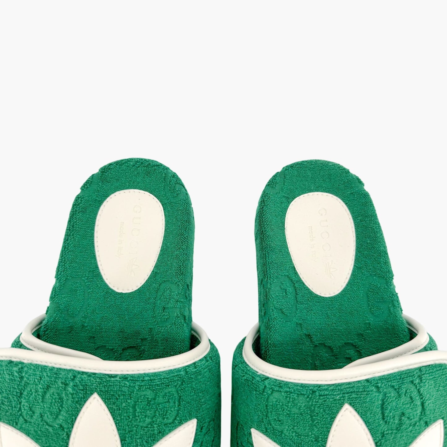 Gucci x Adidas Platform Slide Sandals in Green GG Terry Cloth Fabric Size 37
