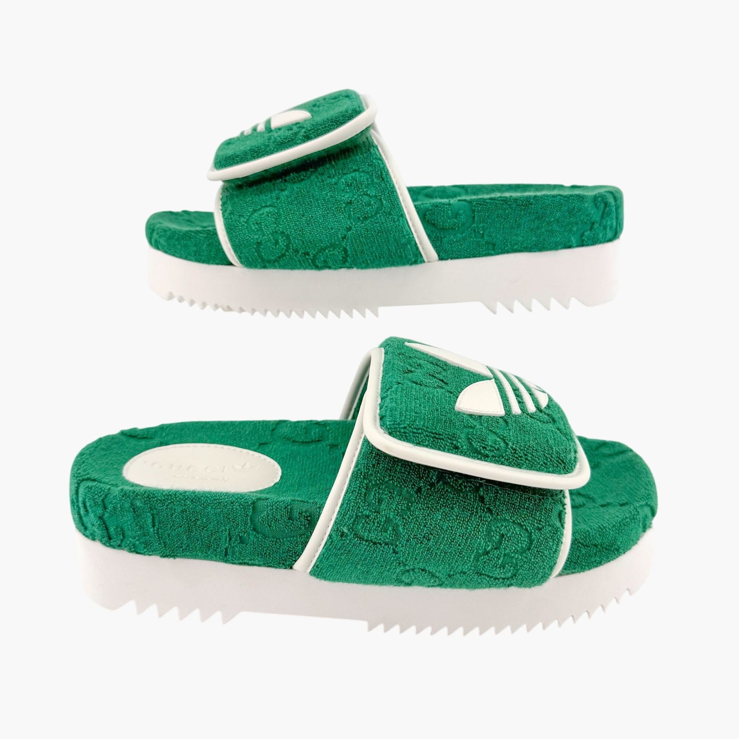 Gucci x Adidas Platform Slide Sandals in Green GG Terry Cloth Fabric Size 37