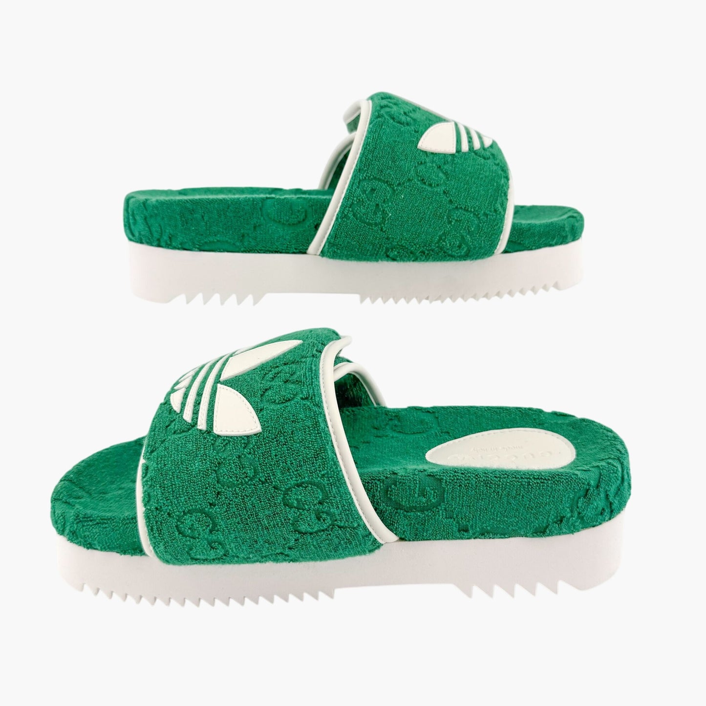 Gucci x Adidas Platform Slide Sandals in Green GG Terry Cloth Fabric Size 37