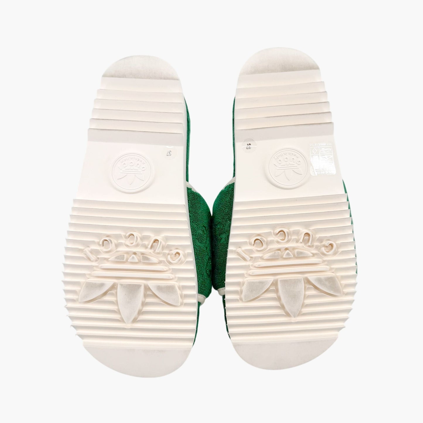 Gucci x Adidas Platform Slide Sandals in Green GG Terry Cloth Fabric Size 37