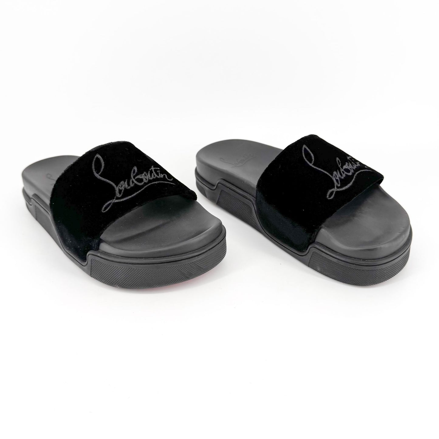 Christian Louboutin "Navy Pool" Logo Embroidered Slide Sandals in Black Velvet Size 37