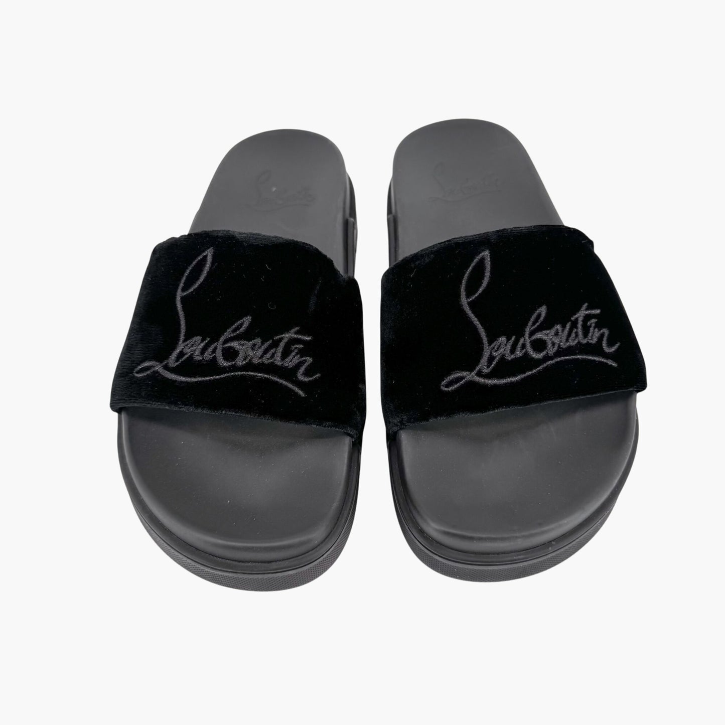 Christian Louboutin "Navy Pool" Logo Embroidered Slide Sandals in Black Velvet Size 37