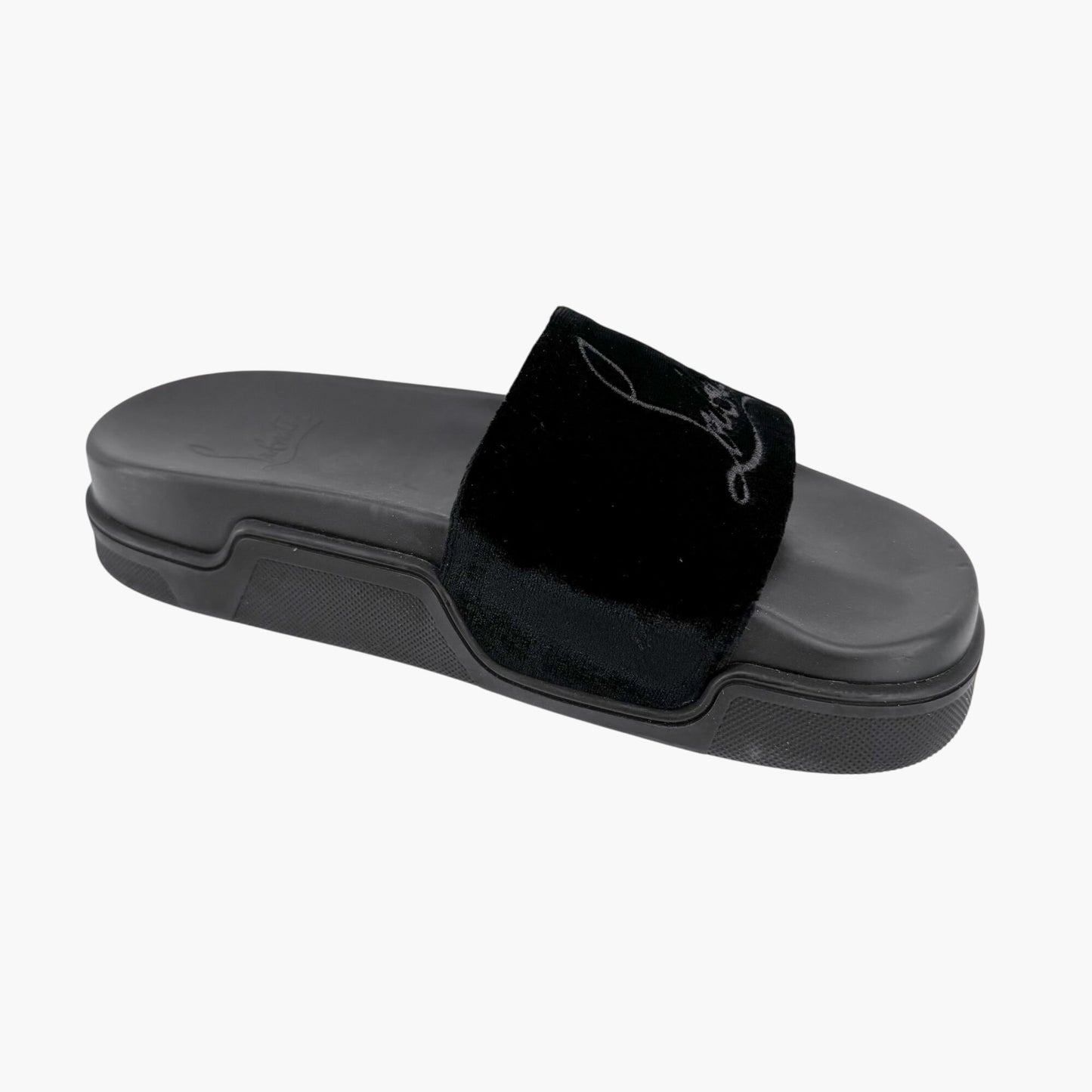 Christian Louboutin "Navy Pool" Logo Embroidered Slide Sandals in Black Velvet Size 37