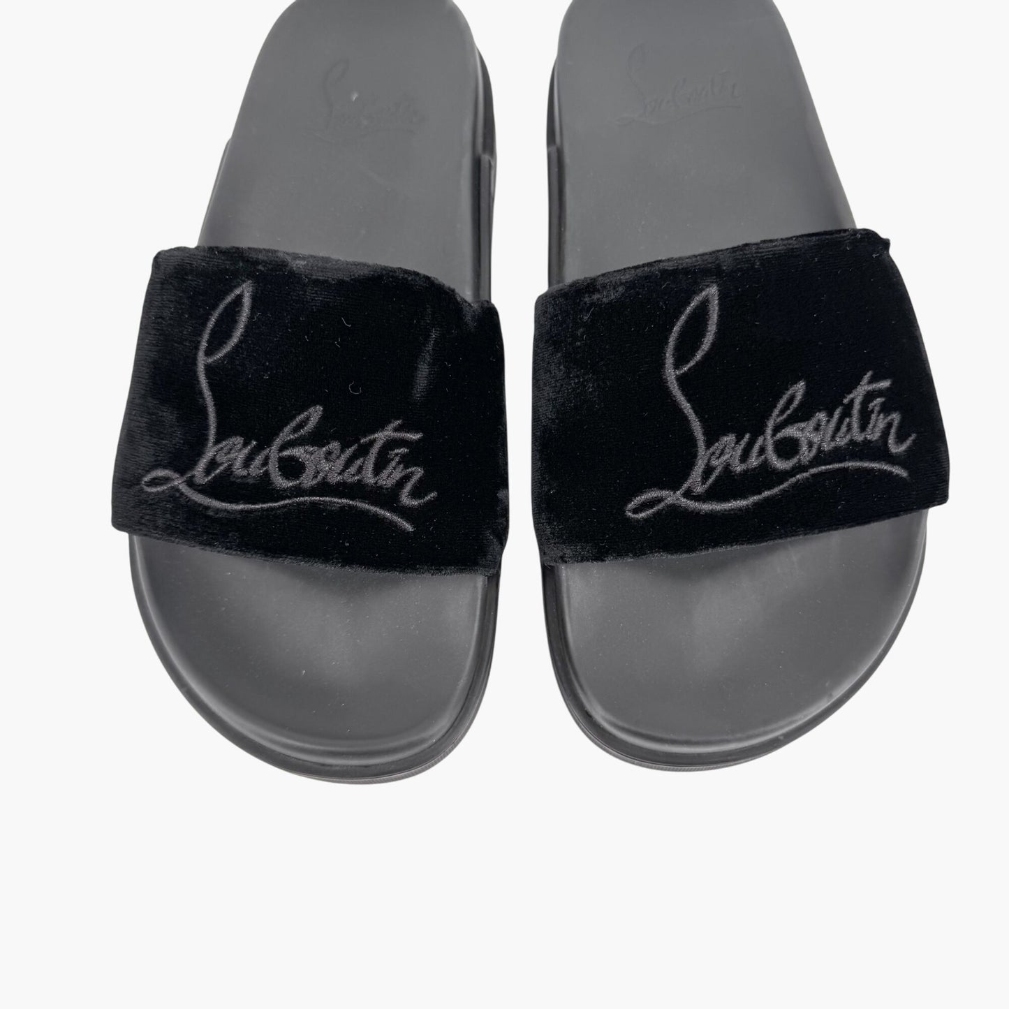 Christian Louboutin "Navy Pool" Logo Embroidered Slide Sandals in Black Velvet Size 37