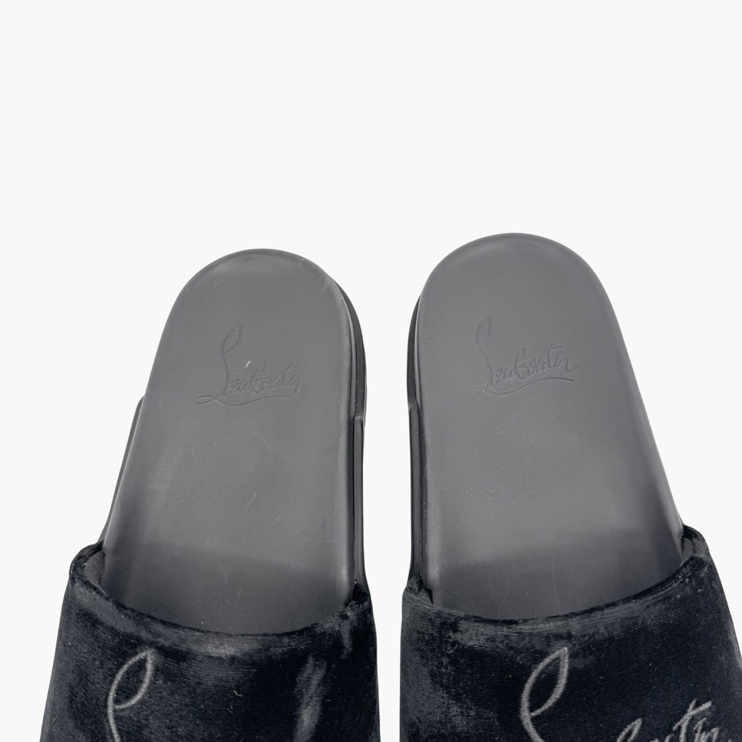 Christian Louboutin "Navy Pool" Logo Embroidered Slide Sandals in Black Velvet Size 37