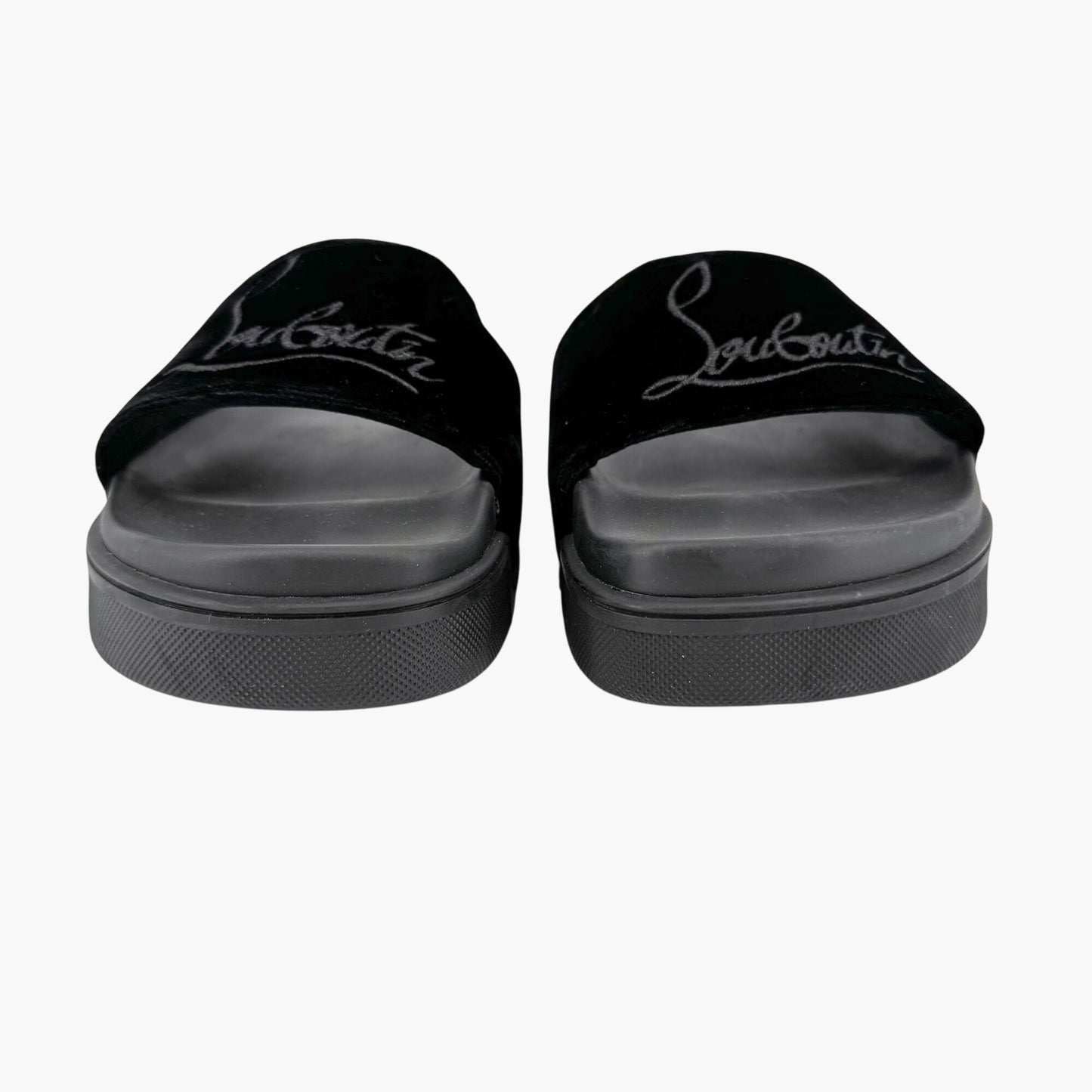 Christian Louboutin "Navy Pool" Logo Embroidered Slide Sandals in Black Velvet Size 37