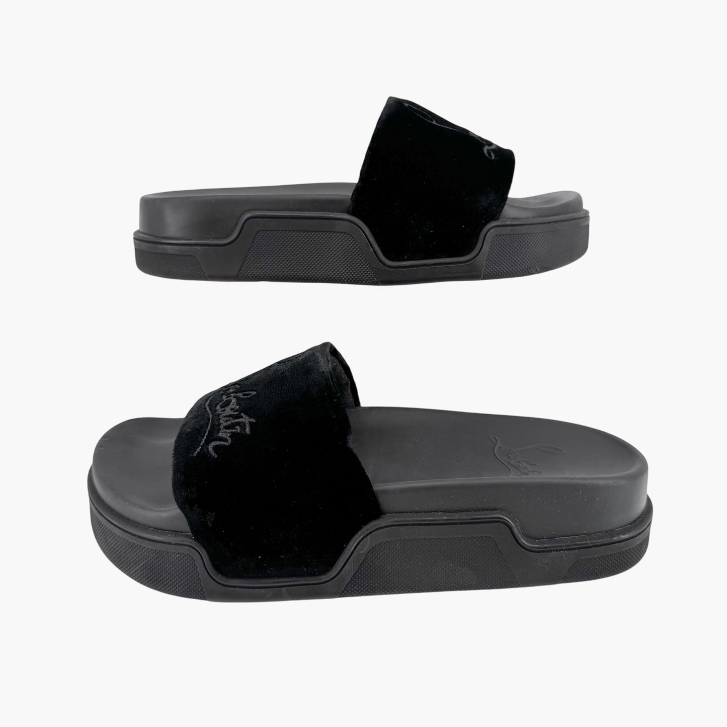 Christian Louboutin "Navy Pool" Logo Embroidered Slide Sandals in Black Velvet Size 37