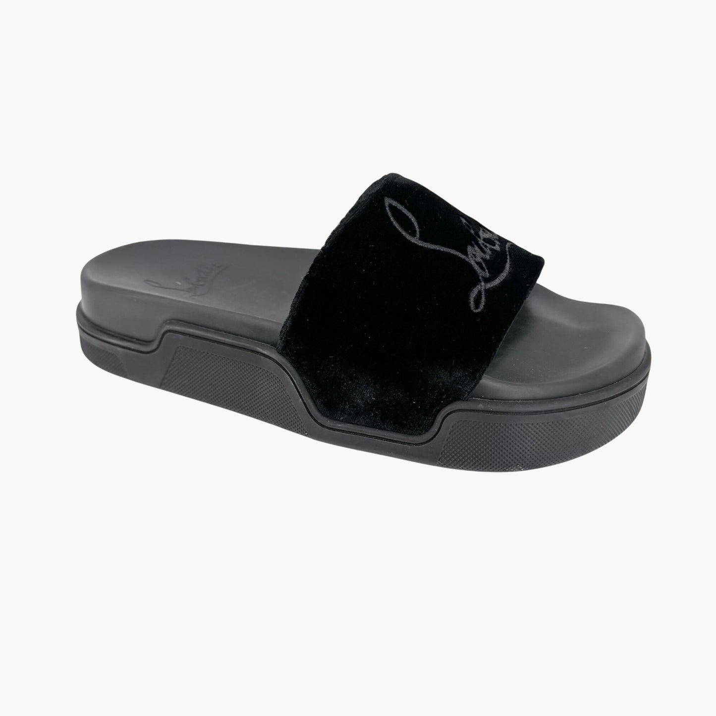 Christian Louboutin "Navy Pool" Logo Embroidered Slide Sandals in Black Velvet Size 37