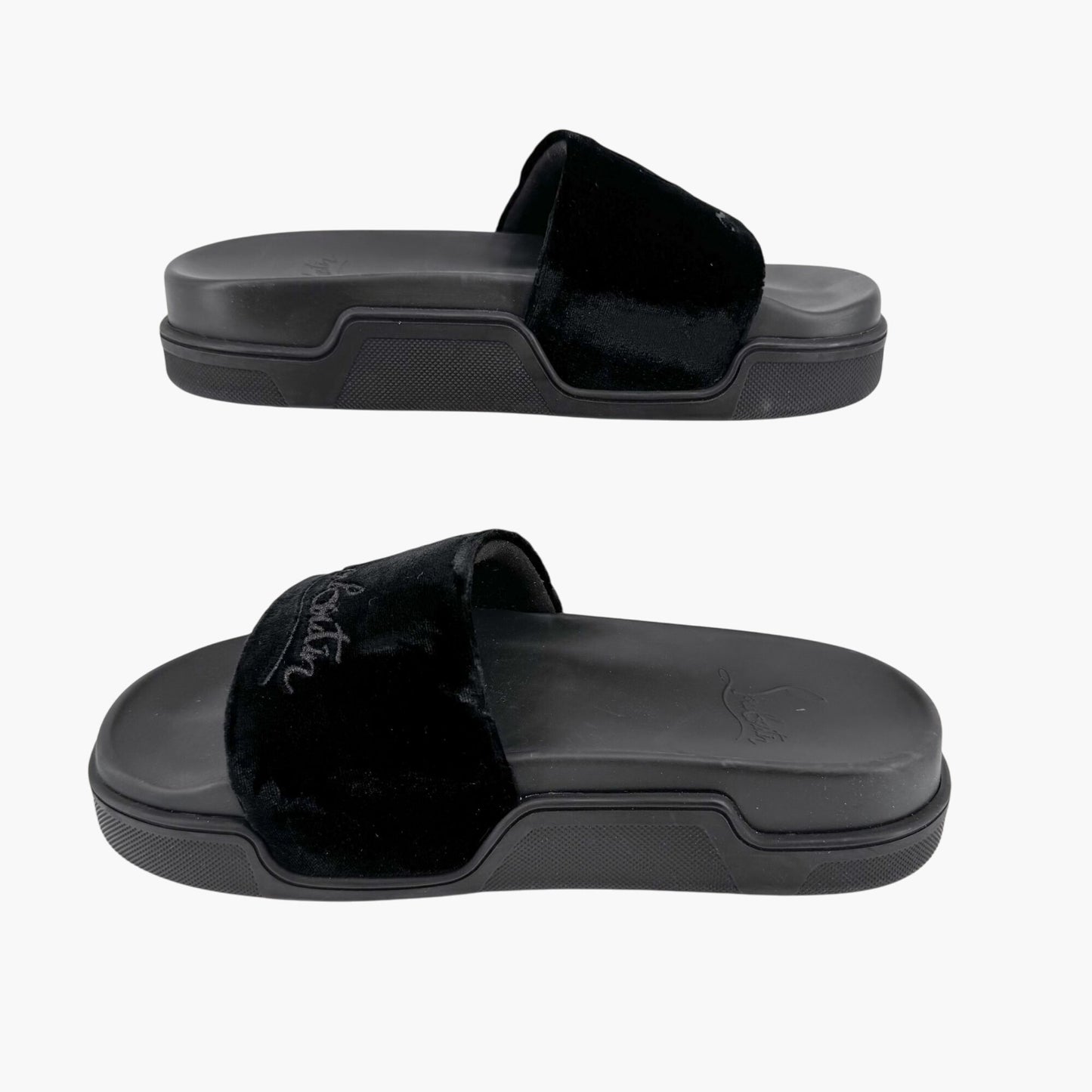 Christian Louboutin "Navy Pool" Logo Embroidered Slide Sandals in Black Velvet Size 37