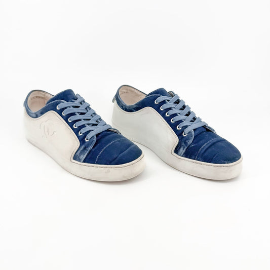 Chanel CC Low Top Sneakers in Blue Velvet & White Rubber Size 38.5