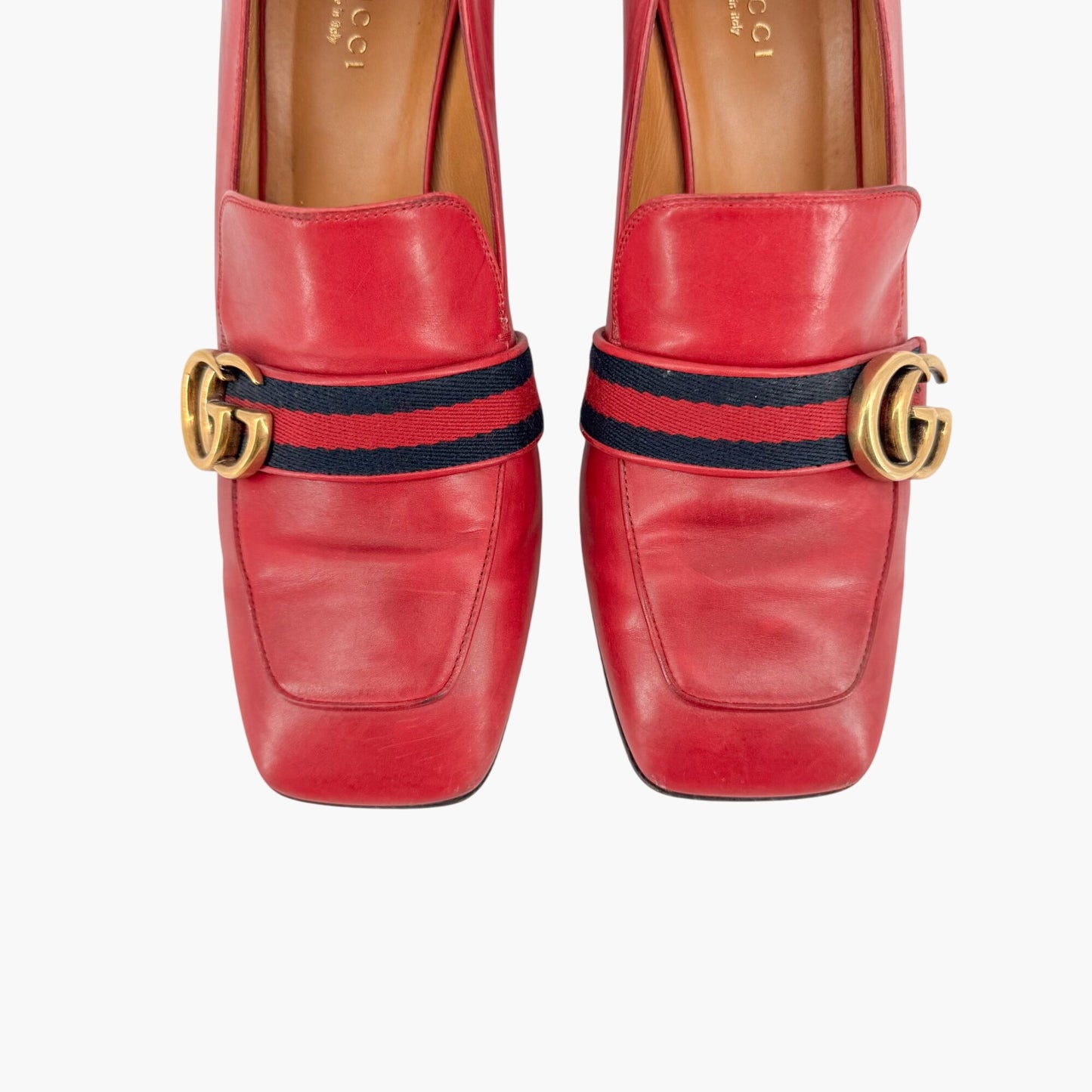 Gucci Peyton GG Web Stripe Loafer Pumps in Red Leather – Size 41.5