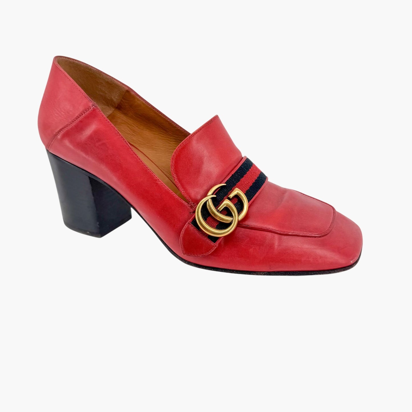 Gucci Peyton GG Web Stripe Loafer Pumps in Red Leather – Size 41.5