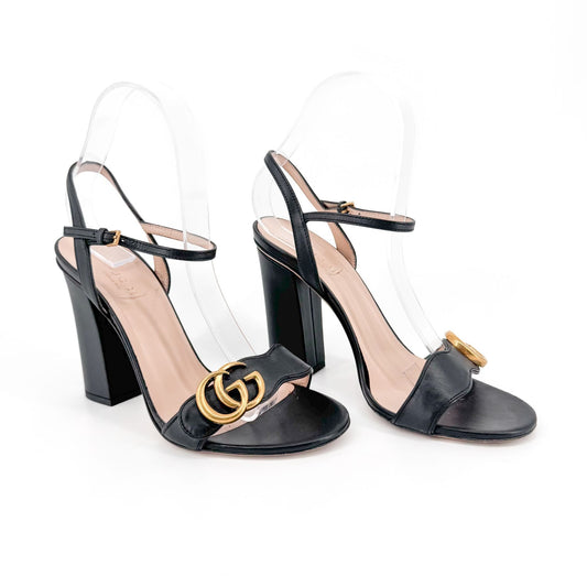 Gucci Black Leather Marmont GG Block Heel Sandals Size 37
