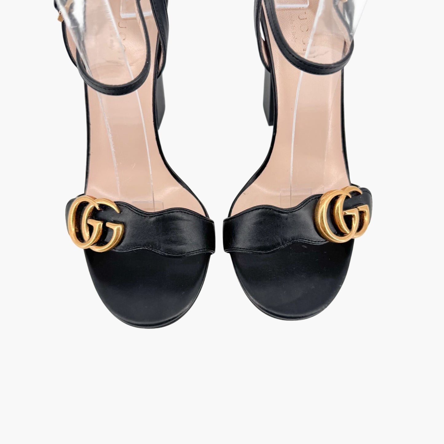 Gucci Black Leather Marmont GG Block Heel Sandals Size 37