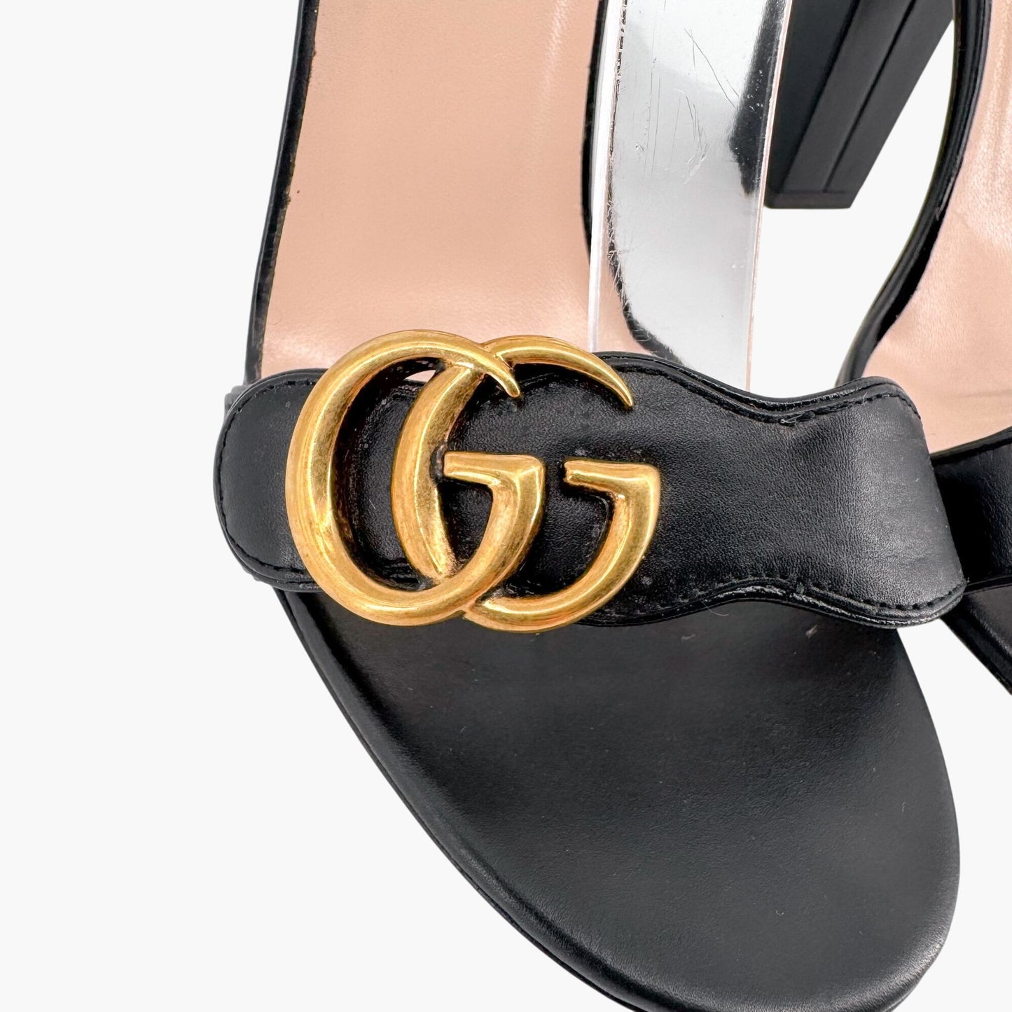 Gucci Black Leather Marmont GG Block Heel Sandals Size 37