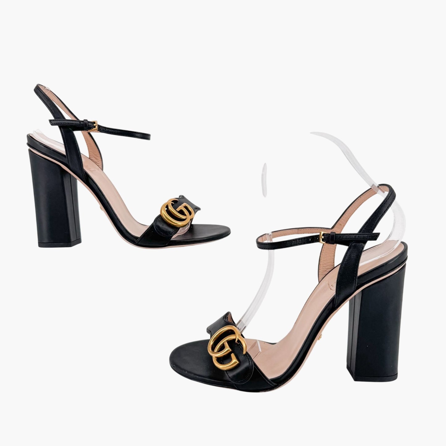 Gucci Black Leather Marmont GG Block Heel Sandals Size 37