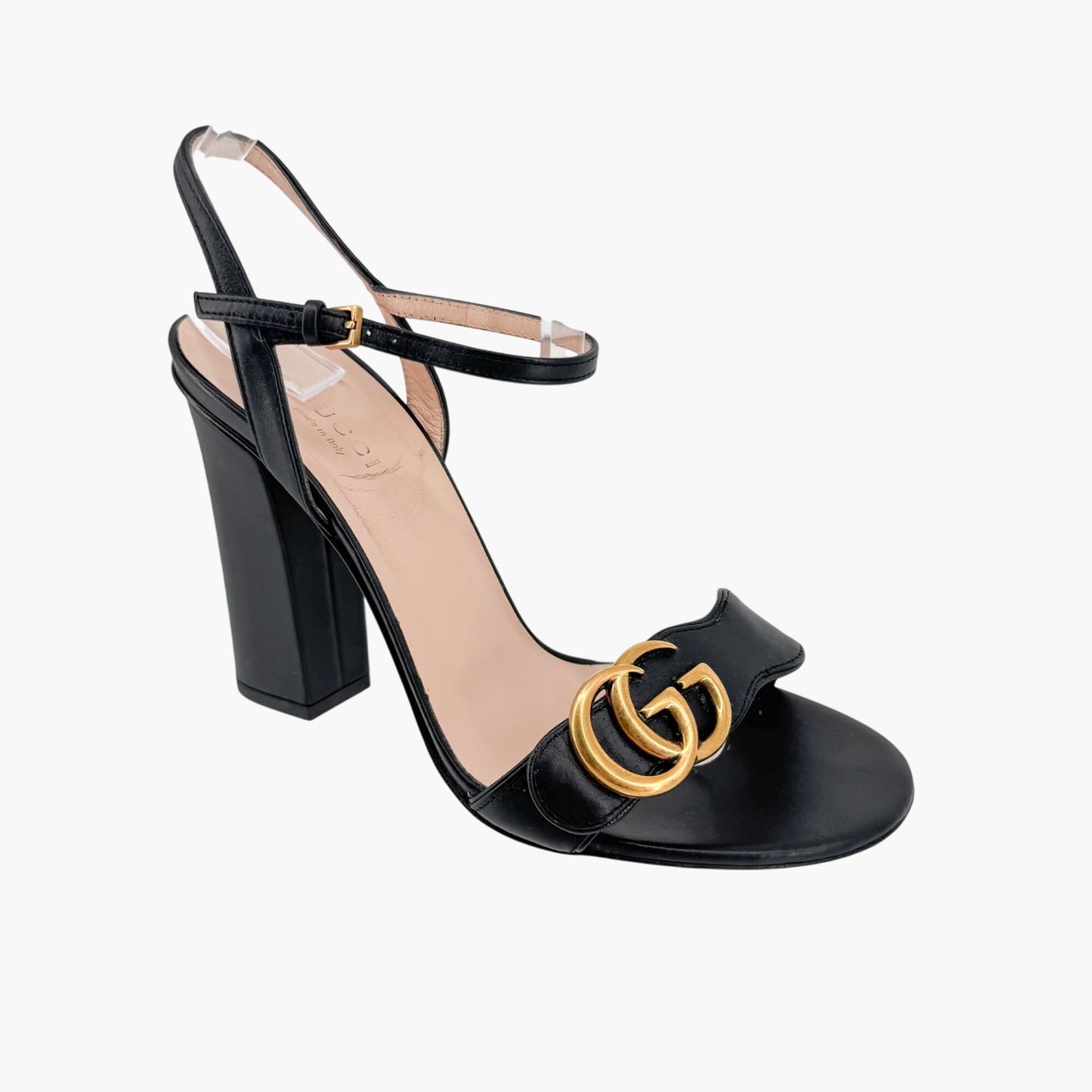 Gucci Black Leather Marmont GG Block Heel Sandals Size 37