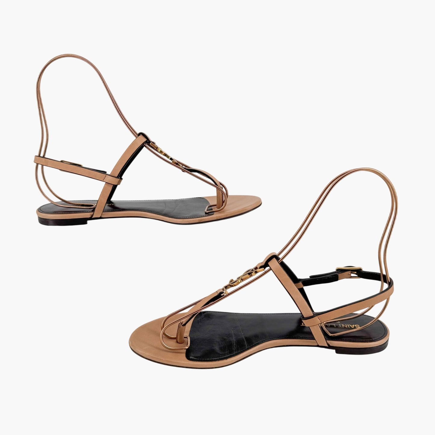 Saint Laurent Cassandra YSL Logo T-Strap Flat Sandals in Tan Leather – Size 37